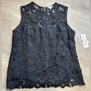 🆕 NANETTE LEPORE | Black Crochet Overlay Top Size Large NWT